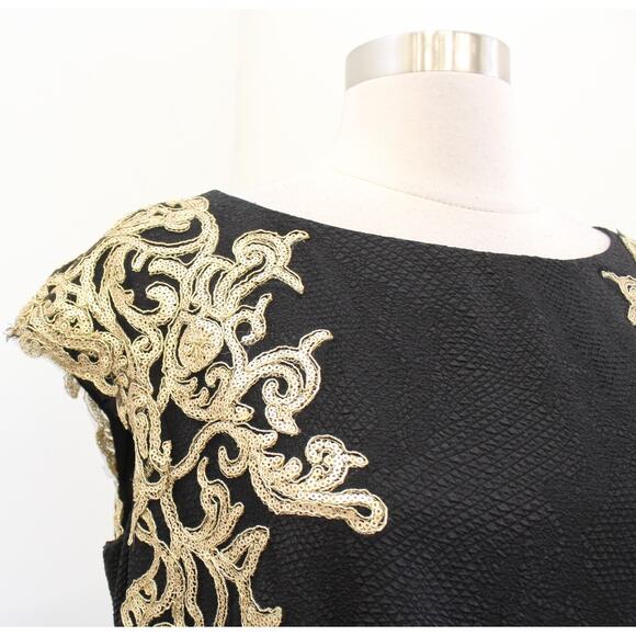 Tadashi Shoji Black Gold Crepe Sequin Embellished Formal Gown Evening Dress 12 - Picture 3 of 8